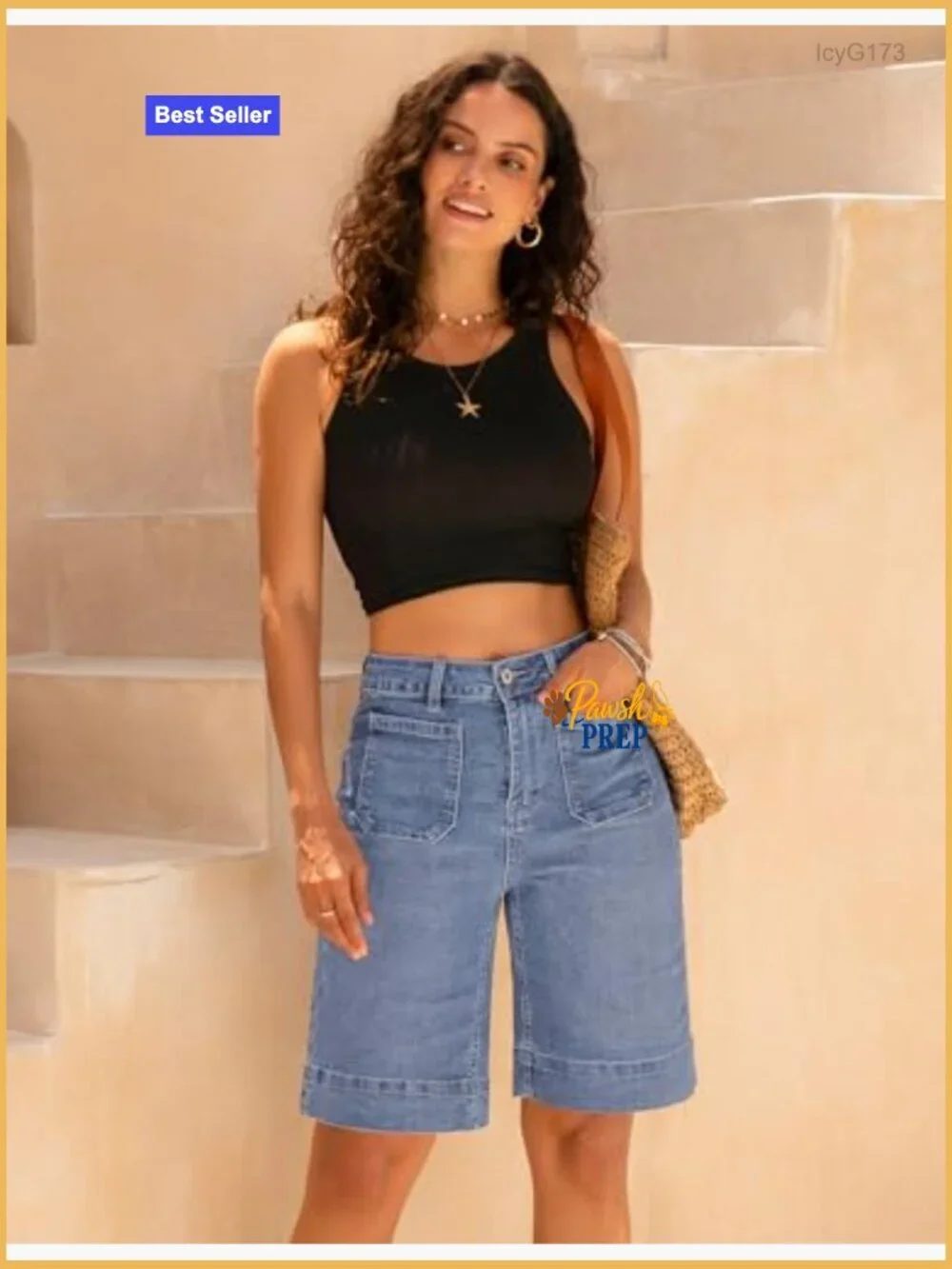 High Waisted Denim Bermuda Shorts Stretchy Patch Pocket Casual Vintage
